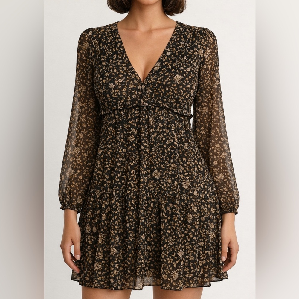 Zara Brown Floral Long Sleeve Chiffon Mini Dress Boho Babydoll Style Size M